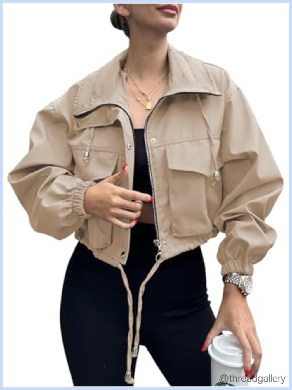 Womens Cropped Utility Anorak Zip Up Lightweight Oversized Jacket